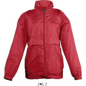 A red kids' rain coat made of 100% nylon, featuring a hood and water-repellent material. It has a logo at the bottom.