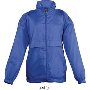 A blue children's raincoat made of 100% nylon, featuring a hood and water-repellent material. It has a logo.