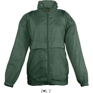 A green kids' raincoat made from 100% nylon with a hood, featuring water-repellent material. It has a logo.
