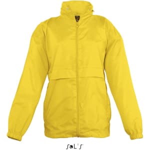 A yellow kids' rain coat made of 100% nylon with a hood and water-repellent material, featuring a logo.