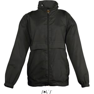 A black kids' raincoat made from 100% nylon, featuring a hood and water-repellent material. It has a logo.