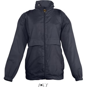 A navy blue kids' raincoat made from 100% nylon, featuring a hood and water-repellent material. It has a logo.