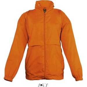 An orange raincoat for kids made from 100% nylon with a hood and water-repellent material. Features a logo.