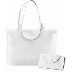 A tote bag and matching wallet in transparent white with a circular flap closure and handles.