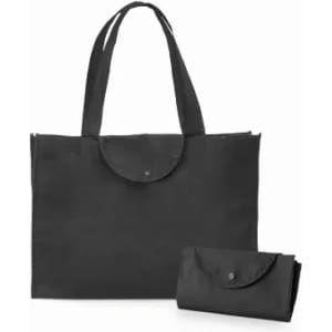 A reusable tote bag in black, featuring two handles and a foldable design with a snap closure.