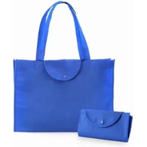A blue tote bag alongside a folded version of the same bag, featuring handles and a snap closure.