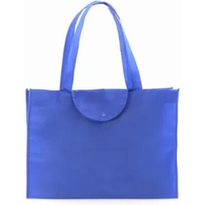 A tote bag in bright blue featuring two handles and a rounded flap closure. It has a simple design and no visible logos.