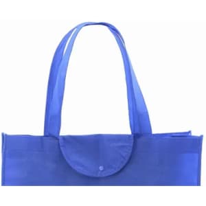 A tote bag in a vibrant blue colour with long straps and a rounded snap closure. Features a logo on the front.