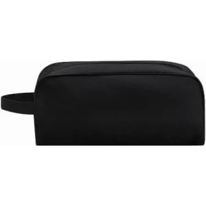 A black toiletry bag with a zip closure and a side handle. It features a simple design and has no visible branding.