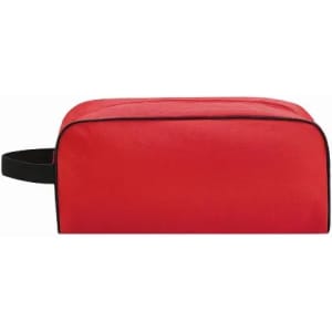 A red toiletry bag with black trim and a handle. It features a zip closure for secure storage.