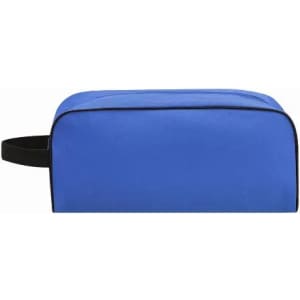 A cosmetic bag in a vibrant blue colour with a black zipper and handle for easy carrying.