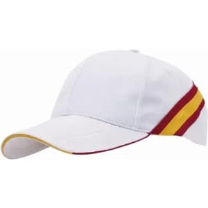 A cap featuring a white base with red and yellow stripes along the side and a contrasting visor.