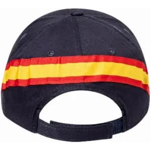 A navy cap featuring a red and yellow striped band around the back. It has an adjustable strap.