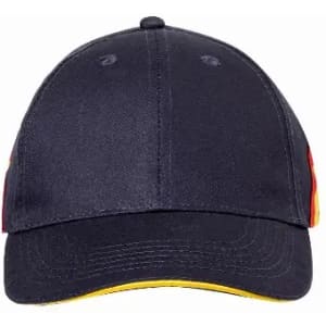 A baseball cap in navy blue with red and yellow accents, featuring a logo on the side.