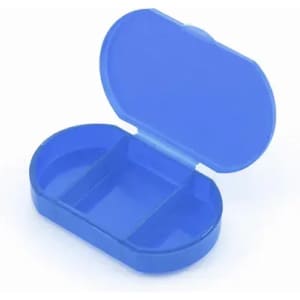 A blue pill organiser with two compartments and an open lid, made of transparent plastic.
