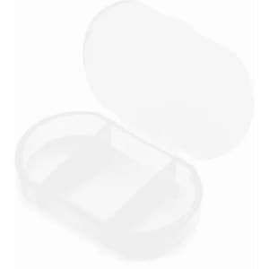 A transparent pill organiser with a divided interior and a hinged lid, featuring a simple, streamlined design.