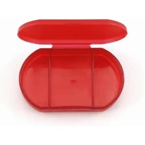 A red pill organiser with three compartments, featuring a hinged lid. It has a simple, smooth design.
