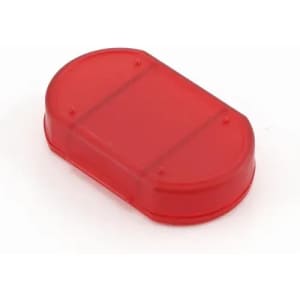 A red, oval-shaped container with a transparent design, featuring rounded edges and no visible branding.