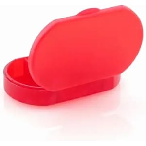 A red, oval-shaped container with a hinged lid, designed for storage or organisation.