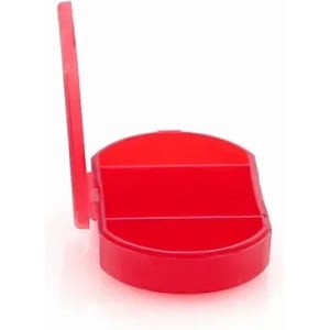 A red pill organiser with a hinged lid and two compartments inside. It has a simple, rounded design.
