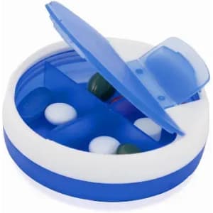A round, blue pill organiser with a white lid, featuring four compartments for different pills.