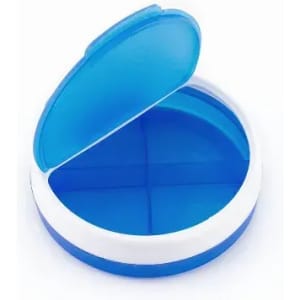 A blue compartmentalised container with a white base and an open lid, featuring four sections inside.