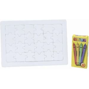 A blank jigsaw puzzle with 16 pieces and a box of crayons in green, purple, and yellow. The puzzle has a branded logo.