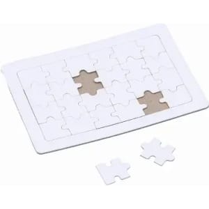 A jigsaw puzzle with several pieces missing, featuring a predominantly white design and two spare puzzle pieces.