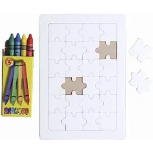 A jigsaw puzzle with several pieces in a white frame, accompanied by a box of colourful crayons.