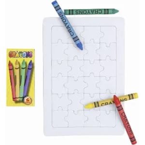 A puzzle sheet with four crayons in red, green, yellow, and blue beside a small crayon box featuring the word "Crayons".