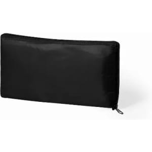 A black zippered wallet featuring a smooth, shiny exterior and minimalist design. It has a logo on the front.