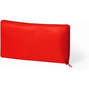 A red zipped pouch with a glossy finish, featuring a simple design and no visible branding.