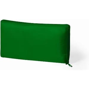 A green zippered pouch with a rectangular shape and a smooth finish, featuring a logo.