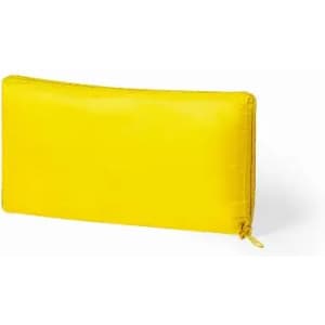 A yellow wallet with a zip closure, featuring a sleek and simple design.