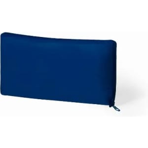 A navy blue pouch with a zip closure, featuring a smooth fabric exterior and a simple design.