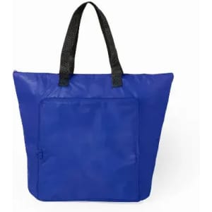 A blue tote bag with black handles and a front zipper pocket. It features a logo.