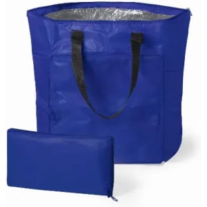 A blue tote bag with black handles and a matching zippered pouch inside. It has a silver insulated lining.