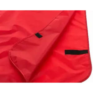 A red promotional product with a smooth surface and black fastening straps visible along the edges.