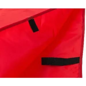 A red fabric product with black velcro straps visible on the inside edges.