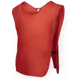 A red training vest made from lightweight fabric, featuring an open back and adjustable fastening.
