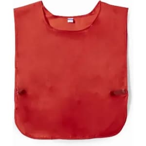 A red promotional sports bib with arm holes and a rounded neckline. It features a logo on the front.