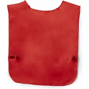 A red promotional vest with armholes, featuring a simple, unadorned design and a smooth texture.