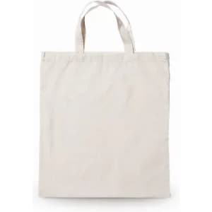 A tote bag in a natural beige colour with two top handles and a simple design.
