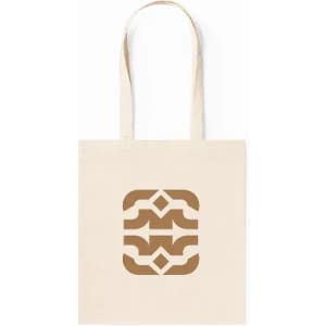 A beige tote bag featuring a simple brown logo design and two sturdy handles.