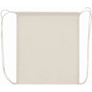 A drawstring bag in a light beige colour with white cords. The bag has a simple, unadorned design.