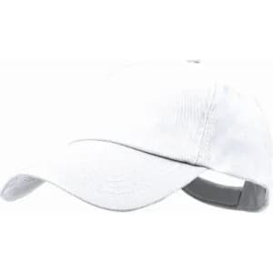 A white cap with a curved brim, featuring an adjustable strap and a subtle logo.