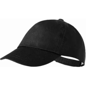 A black cap with a curved brim and an adjustable strap at the back. It features a simple design.