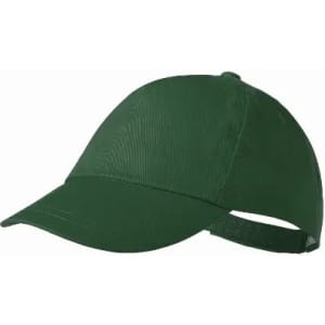 A green cap with a curved brim and adjustable strap at the back, featuring a textured surface.