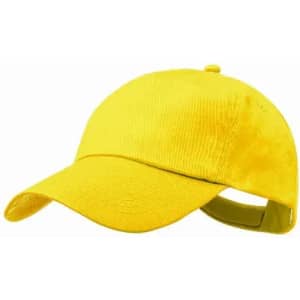 A yellow cap with a curved brim and an adjustable strap at the back. It features a textured fabric.
