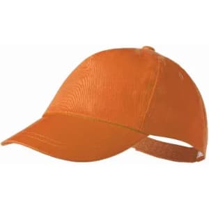 An orange cap with a curved visor and adjustable strap at the back, featuring a logo.